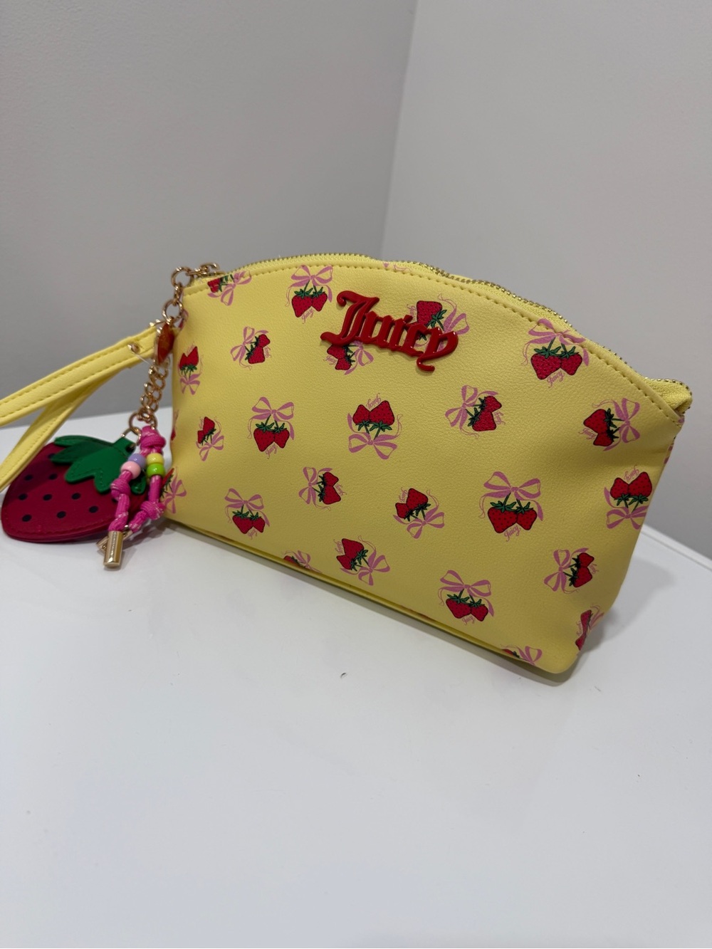 Juicy Couture Yellow Strawberry Print Wristlet with Charm